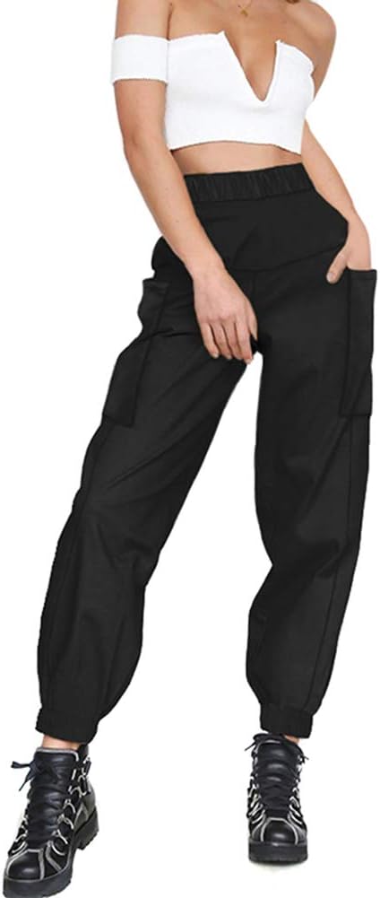 Women's Cargo Pants, Casual Outdoor Solid Color Elastic High Waisted Baggy Jogger Workout Pants with Pockets