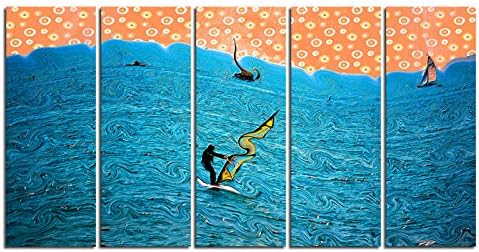 Impressionist Canvas Wall Art of Surfing Sailboat Picture for Living Room, SZ 5 Piece Modern Inspirational Blue Surf Oil Painting Prints of Sailing Boats (Waterproof Artwork, Ready to Hang, Large)