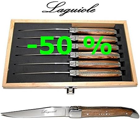 LAGUIOLE 6 Steak knives - Brown Wood - Blade: 2.5 mm + Smooth - With Famous Shepherd's Cross - Set in Wooden Presentation Box - Direct From France)