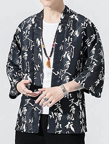Hotmiss Men's Kimono Cardigan Jacket Japanese Style Flying Crane Seven Sleeves Open Front Coat (Pure Black, X-Large)