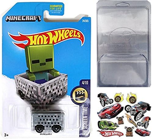 Hot Wheels Minecraft Minecart Screen Time 2017, Protective Display Case, &amp; Random Hot Wheels Stickers Collectors Bundle