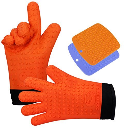 CoolFriend Silicone Cooking Gloves (Orange) – Heat Resistant Kitchen Oven Mitts – Insulated Pot Holders With Non-Slip Grip – Stove, BBQ Grill
