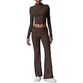 QINSEN Womens 2 Piece Lounge Sets Mock Neck Long Sleeve Tops with Side Ruched Fold Over Flare Pants Comfy Tracksuits