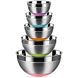 Stainless Steel Mixing Bowls (Set of 5), Non Slip Colorful Silicone Bottom Nesting Storage Bowls by Regiller, Polished Mirror