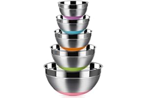 REGILLER Stainless Steel Mixing Bowls (Set of 5), Non Slip Colorful Silicone Bottom Nesting Storage Bowls, Polished Mirror Finish For Healthy Meal Mixing and Prepping 1.5-2 - 2.5-3.5 - 7QT (Colorful)