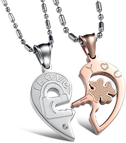 I LOVE &amp; YOU 3 Colours A Pair Of Titanium Steel Couple Pendant Necklace Crystal Rhinestones Heart Key Valentine's Day Gift By Glede (Silver and Rose Gold)