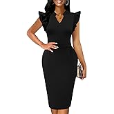 Mokayee Womens Summer Ruffle Sleeve V Neck Knee Length Pencil Business Work Dresses with Pockets