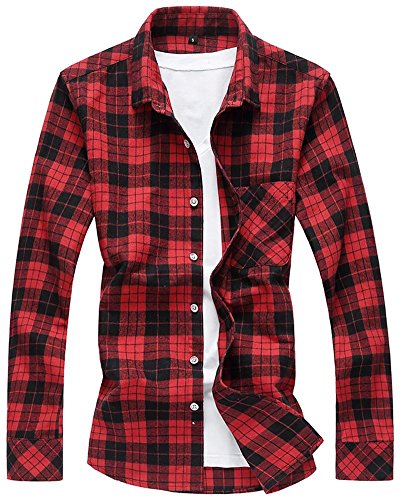 Men's Long Sleeves Retro Vintage Checker Plaids Casual Dress Shirt Red & Black, US M/40 = Asian Tag 3XL