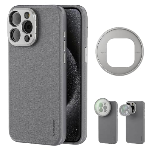 Neewer Phone Case for 15 Pro Max, TPU + PC Protective Heavy Duty Case with 17mm Lens Backplate, 67mm Filter Adapter, Nonslip Faux Leather, Compatible with MagSafe, PA054 Gray/Titanium