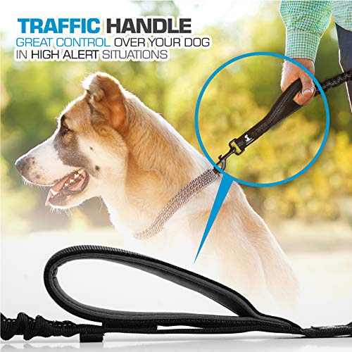 3 in 1 Short Dog Leash - Shock-Absorbing Bungee with Padded Handle - Elastic Attachment for Your Regular Leash, Control Handle, or Traffic Leash – Suitable for Medium and Large Dogs (Black New)