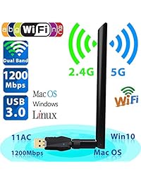 Adaptador Wifi USB 1200 Mbps, USB 3.0 Wireless Network Wifi Dongle con antena de 5 dBi para PC Escritorio Portátil Tableta, Dual Band 2.4G 5G 802.11 ac, compatible con Windows 10 8 8.1 7 Vista XP 2000, Mac OS 10.4-10.13.