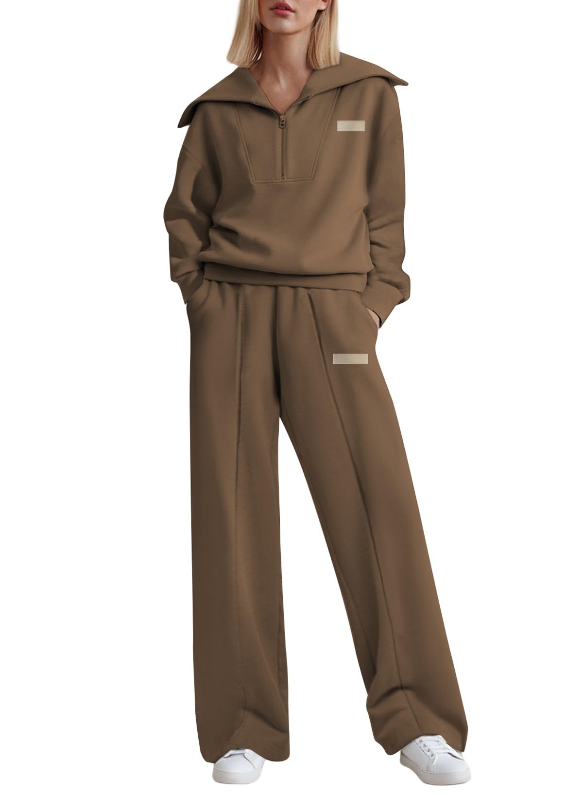 Photo 1 of Aleumdr Two Piece Lounge Outfits Sweatsuits Matching Set for Women Fleece Half Zip Sweatshirt Oversized Pullover Wide Leg Sweatpants Tracksuit 2025 Fall Athletic Travel Clothing Brown size XL