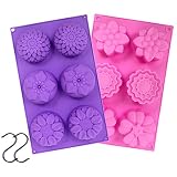 YGEOMER 2 PCS 6 Cavity Assorted Silicone Flower Soap Mold DIY Soap Mold Handmade Chocolate Biscuit Cake Muffine Silicone Mold, with 2 S Hooks as Gift