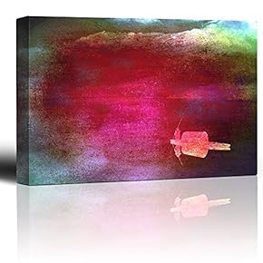 Lone Man in a Canoe on a Red Lake with a Blue Vignette - Canvas Art Home Art - 12x18 inches