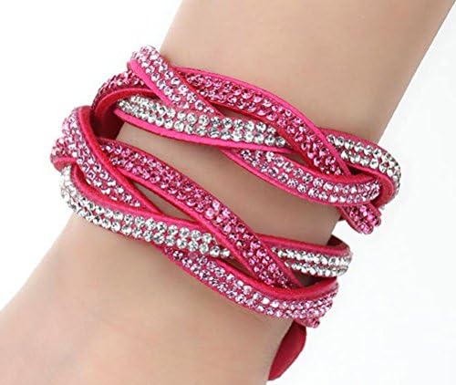 Best Wing Jewelry Fashion "Crystal Rhinestone Crisscross" Suede Velvet Wrap Wristband Bracelet - Adjustable (Fuchsia, Pink &amp; White Clear)