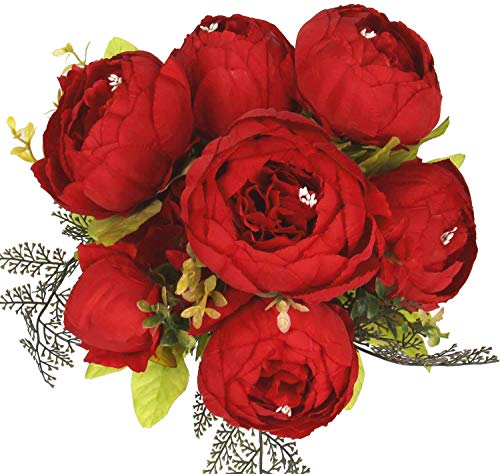 Flojery Silk Peony Bouquet Vintage Artificial Peonies Flower for Home Wedding Party Decor (1pcs,Spring Red) - Thumbnail 4