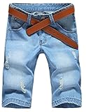L'asher Men Holey Torn Design Jeans Half Pants Blue Denim Shorts
