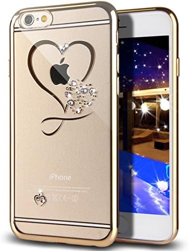 iPhone 7 Case,SALER LEE Mini Love Heart Glitter Bling Crystal Rhinestone Diamonds Clear Rubber Plating Frame TPU Soft Silicone Bumper Case Cover for iPhone 7 Gold
