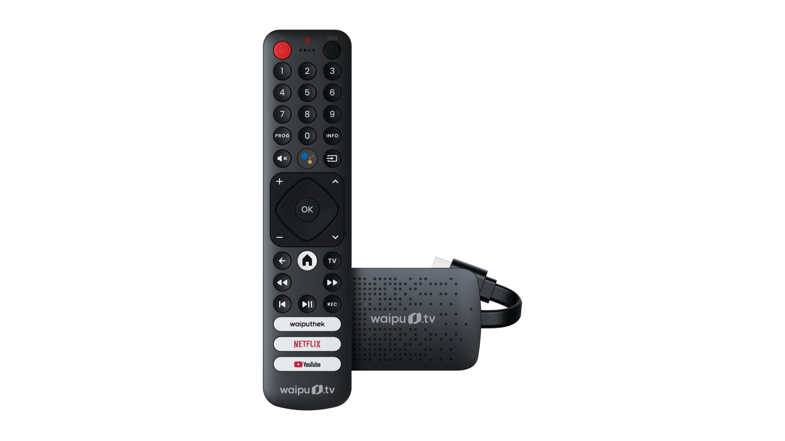 waipu.tv 4K Stick (1. Generation) | Inkl. Fernbedienung mit Schnellwahltasten | Fernsehen über WLAN | HDMI | 4K | HDR | Dolby Atmos | Voucher für 3 Monate 300 TV-Sender & 40.000 Filme & Serien