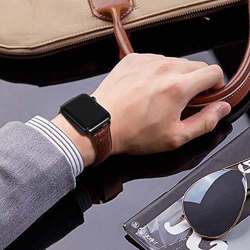 MARGE PLUS Compatible with Apple Watch Band 44mm 42mm, Alligator Grain Calf Genuine Leather Strap Replacement for iWatch Series 5/4/3/2/1 Sport and Edition, Brown