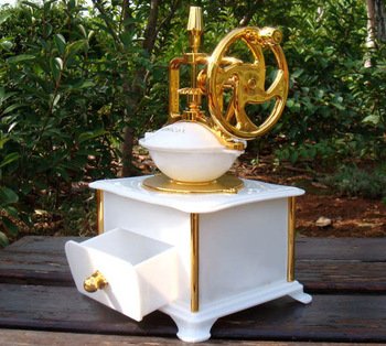 Wind up Music Box Vintage Look Music Box With Jewelry Box - Table Desk Decoration and Gift (Coffee Machine, White)