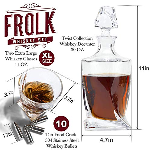 Whiskey Decanter and Stones Gift Set for Men - Whiskey Decanter, 2 Twisted Whiskey Glasses, 10 Stainless Steel Bullet Shaped Stones, 2 Slate Coasters, Tongs & Freezer Pouch in Wooden Gift Box - Image 4