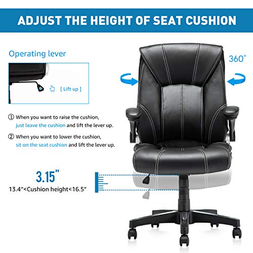 YAMASORO Leather Executive Office Chair Flip up Arm Rests,Ergonomic Chair Comfortable Massage,Computer Desk Chairs Black Task Chair with Wheels for Home Office
