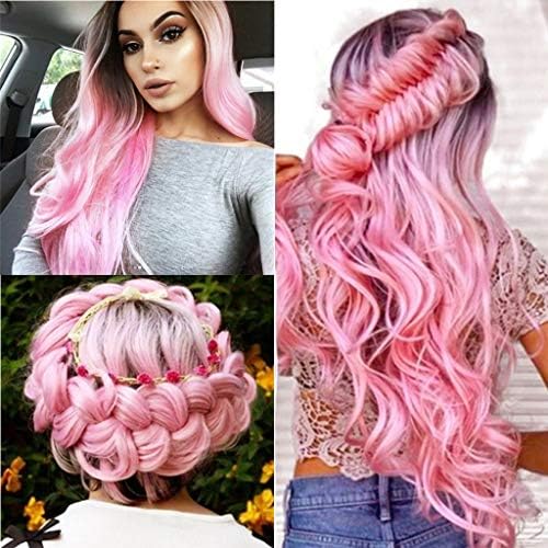 Wigs Women Ombre Heat Safe Side Part Synthetic Hair Heat Resist Cospaly Costume Ladies Wig party High Density Classic Natural Daily Fashion Long Wavy Gradient Dyeing Hair Full Wigs For Women (Pink)