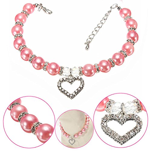 Wakeu Diamond Heart Rhinestone Crystal Rhinestone Pendant Pearl Collars Necklace for Small Dog Girl (S/Length:25cm/9.8", Pink)