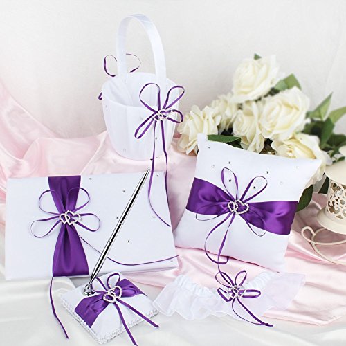 Wedding Flower Girl Basket and Ring Bearer Pillow Set, Purple Satin, Ring Pillow + Flower Girl Basket + Wedding Guest Book +Pen Set + Garter Cover