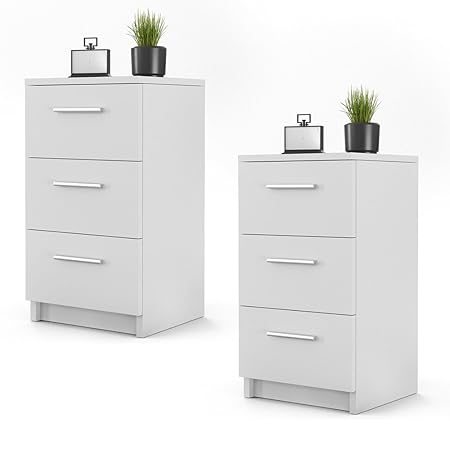 Vicco Nachtschrank Kommode Boxspringbett Nachttisch Nachtkommode Kommode Schrank - 3 Schubladen - 66cm hoch (Weiß, Paar (2er 