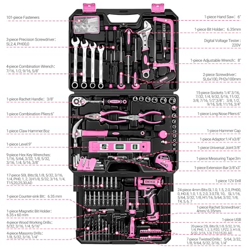 Pink Tool Kit Box Drill Set: DEKO 238 Pieces Home Mechanic Toolbox with 12V Power Cordless Drill Hand Repair Tools Sets Combo Kits Storage Organizer Drawer Case for Women