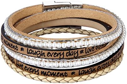 Jenia Beige Women Leather Wrap Bracelet - Pearl Engraved Multilayer Cuff Bangle Handmad Jewelry Birthday Gift for Girl,Teens