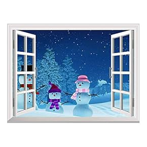 Cartoon Snowmen Outside of The Window on Christmas Eve Peel and Stick Wall Mural Sticker - 24"x32"
