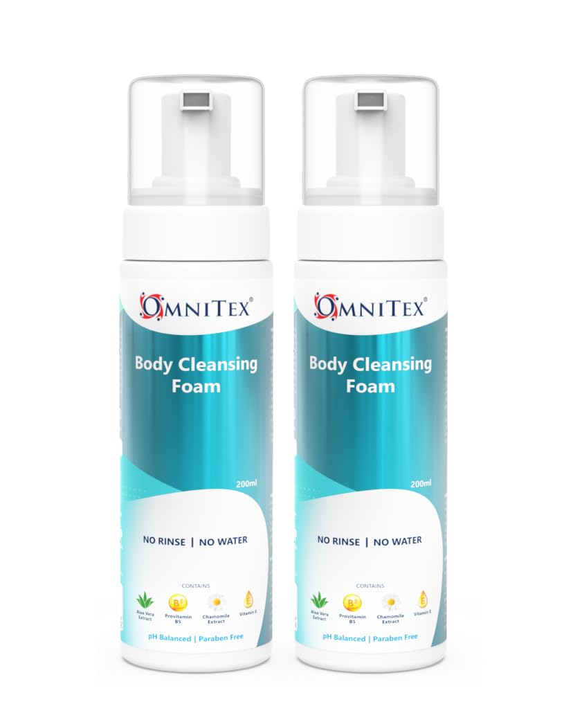 2x 200ml Omnitex Rinse Free Body Cleansing Foam, With Herbal Oils & Vitamins | No Water - No Rinse Body Wash | Clean, Nourish & Protect, No Parabens, Latex Free, Alcohol Free, Dermatologically Tested