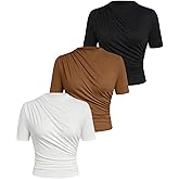 SOLY HUX Women's Plus Size Mock Neck Short Sleeve Tops 3 Packs Basic T Shirts Ruched Basic Tees