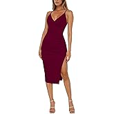 OWIN Women's Sexy V Neck Sleeveless Adjustable Spaghetti Straps Bodycon Ruched Midi Split Cocktail Club Party Dress