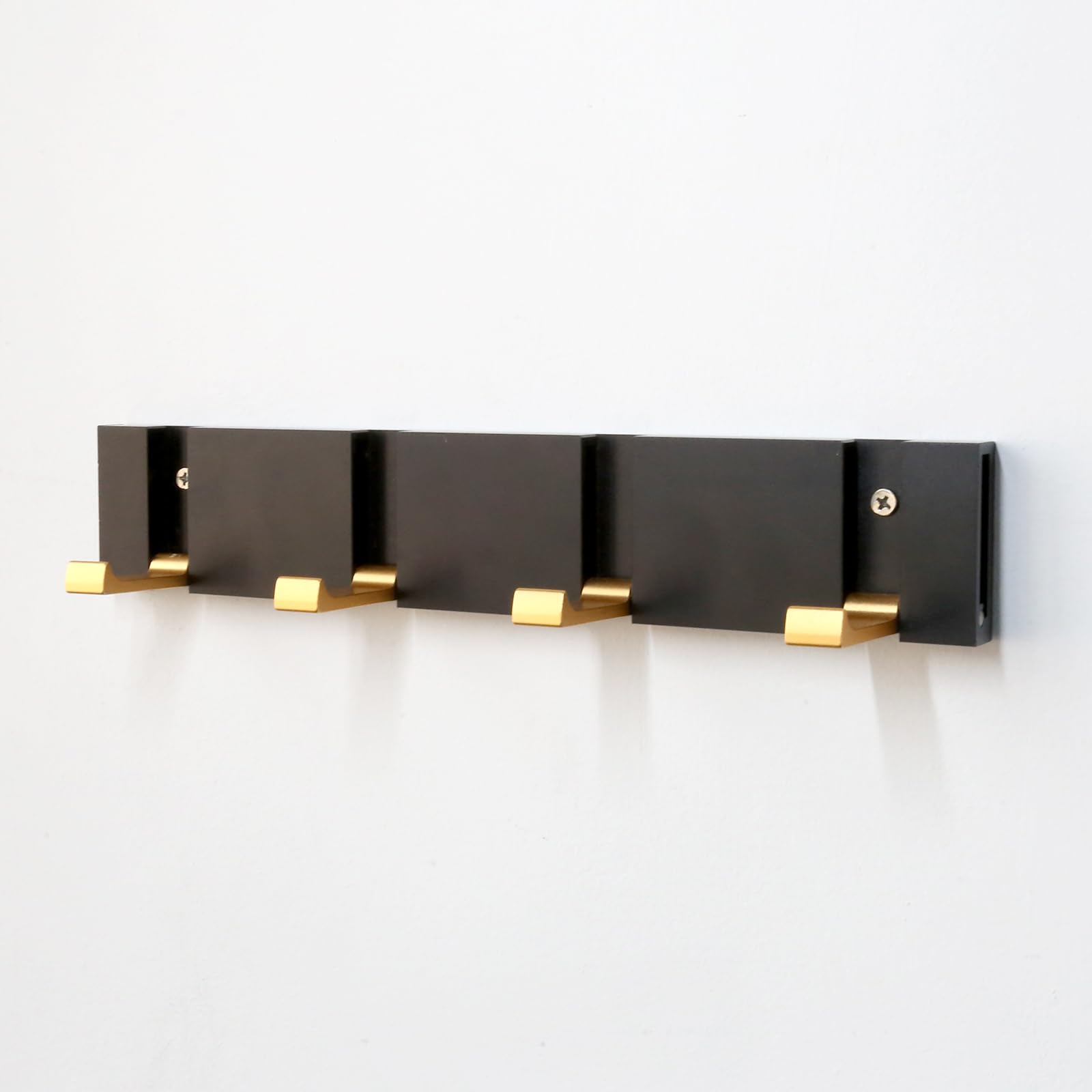 Spotact Wall Mounted Coat Rack 90 Degree 4 Hooks for Hanging Coats Clothes Black Golden Metal Towel Hanger 11.02 * 1.97 * 0.59 Inch for Entryway Bathroom Bedroom Kitchen (T2 4 Hooks, Black Gold)