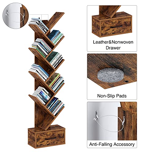 Rolanstar Bookshelf with Wooden Drawer, 9 Shelf Tree Bookshelf, Modern