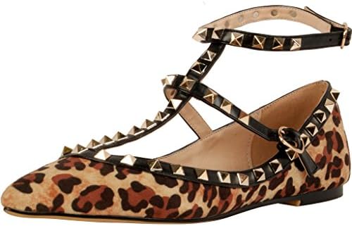 Calaier Womens Caforty Elegant Girls Designer Luxury Fashion Leopard Print T Strap Rivet Studded Ankle Strap Pointed Toe 0.5CM Flat Buckle Flats, Multicoloured, 8 B(M) US
