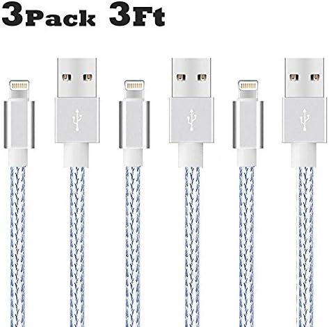 [3-Pack] XKAUDIE USB Cable,3FT Cable Charger Cord for iPhone X/8/7/6s/6/SE/5s/5/iPad &amp; Plus 8-pin with Data/Audio/Video [Silver]