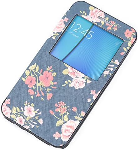 Samsung Galaxy Note5 Case, Note 5 Case Smart Window View Flip Case Leather PU Bumper Case Flip Cover Full Body Case Magnetic Floral Design for Samsung note5 cover (DARK MINT)
