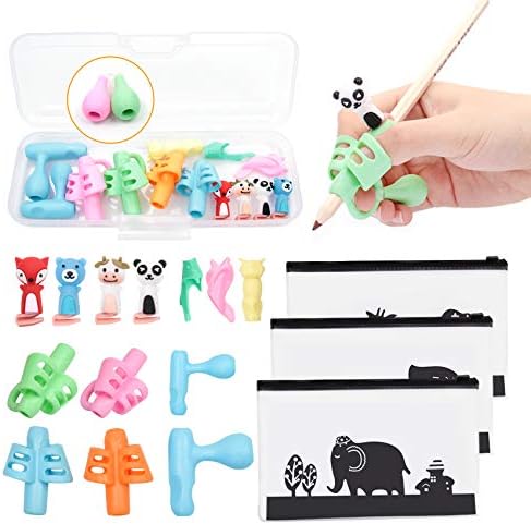 19PCS Pencil Grips, Finger Writting Help for Kids, Children Pen Writing Aid Grip Set Professional 6-Stage Posture Correction Tool,Totally 15 Pencil Grips,1 Pencil Case,3 Zipper Pencil Cases.