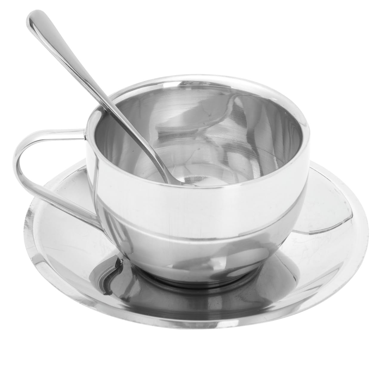 Tomaibaby Cup and Saucer Set: Stainless Steel Tea Cups and Saucers- European Espresso Coffee Mug - Silver Teacup for Home Restaurant Cafe Breakfast Afternoon Tea