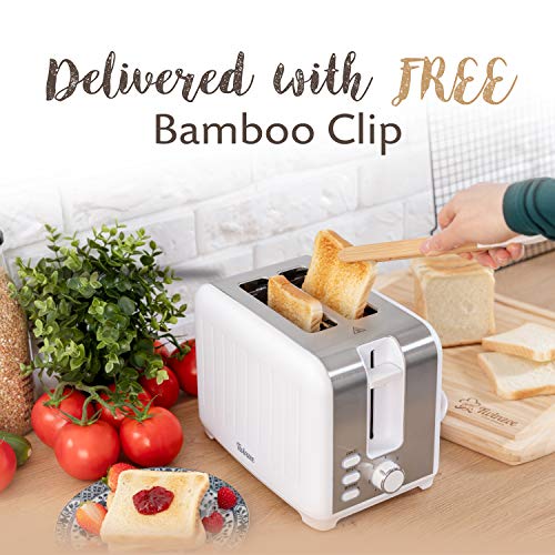 Twinzee Vintage Toaster White Retro Toaster 2 Slices Stainless Steel with Bamboo Clips
