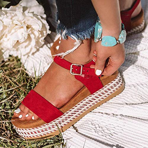 BEAUTYVAN Women's Platform Sandals Espadrille Wedge Ankle Strap Studded Peep Toe Sandals Red