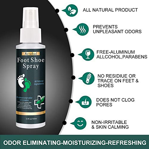 Natural Shoe Deodorizer Spray, Arrebol Foot Odor Eliminator and Air Freshener with Peppermint Oil, Tea Tree Oil, Clove Leaf Oil,Best for Stinky Shoes, Smelly Feet & Sport (black)
