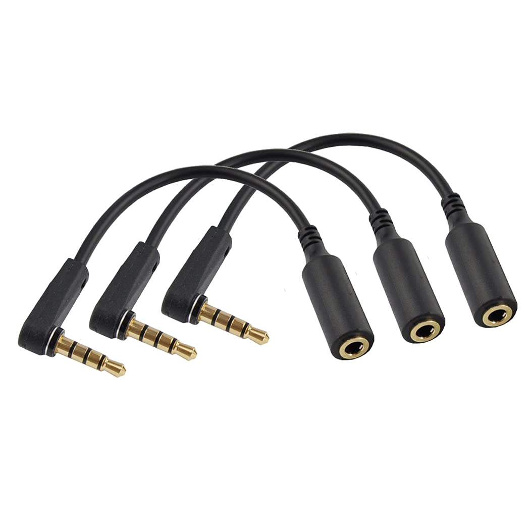 LiKuCo 3Pack 6 inch 4-Pole 3.5mm Male Right Angle to 3.5mm Female Stereo Audio Cable Headset Extension Cable,M to F Audio Cable (3Pack Black)