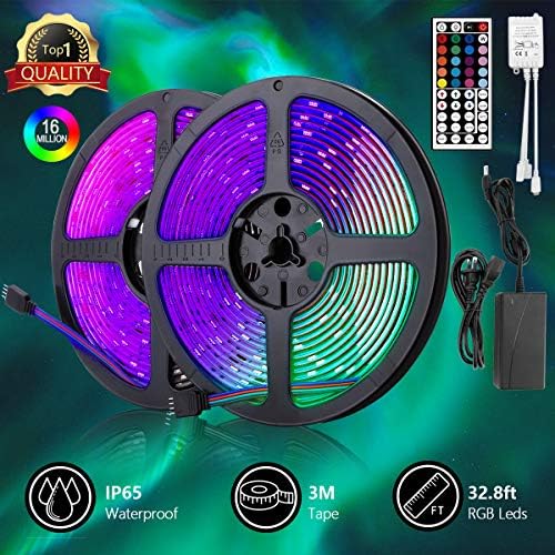 Led Strip Lights Waterproof 300leds 32.8ft 10m Waterproof Flexible Color Changing RGB SMD 5050 LED Strip Light Kit with 44 Keys IR Remote Controller and 12V 4A Power Supply
