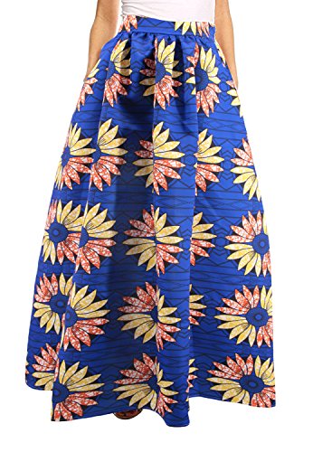 Novia's Choice Women African Floral Print Pleated High Waist Maxi Skirt Casual A Line Skirt(Blue Flower) - Thumbnail 6
